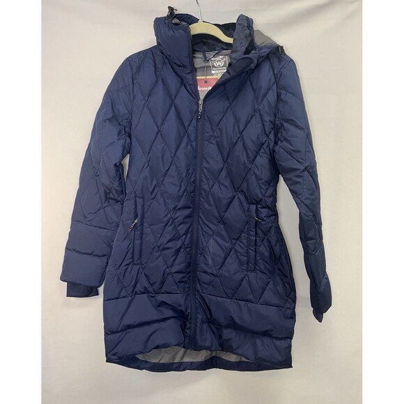 Moosejaw Down Jacket Women's Navy Blue Quilted Mid-Length Hooded Coat - Picture 1 of 10